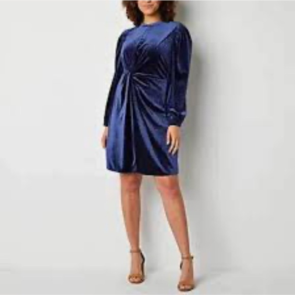 NWT-Rye Grass-S-Navy blue-pattern velvet, long sleeve, crewneck,above knee,dress - Picture 1 of 16